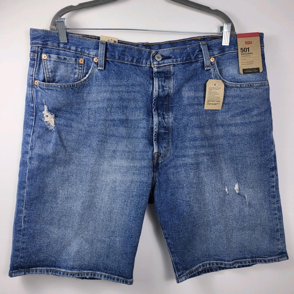 Levi's 501 Button Fly‎ Shorts Men's Size 42 Blue Denim Stretch Distressed New